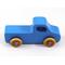 Handmade wooden toy pickup truck painted in baby blue with metallic sapphire blue trim. The truck features non-marring amber shellac wheels and is part of my Play Pal Collection. A close-up shot of the toy truck on a white background. Made to Order.